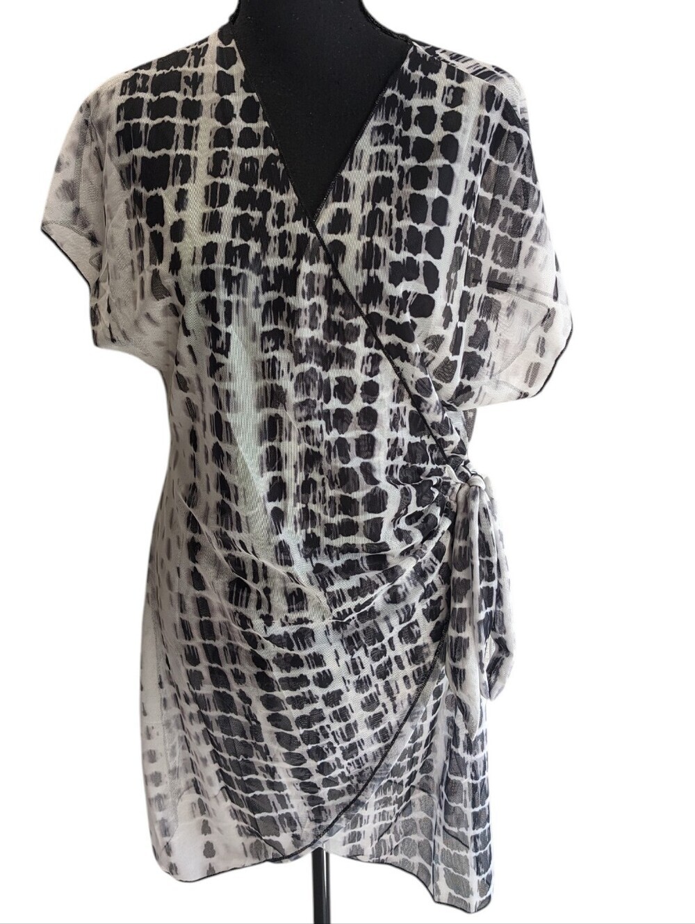 Black & White Printed Wrap Swim Coverup Whimsical Sheer Faux Wrap Size L